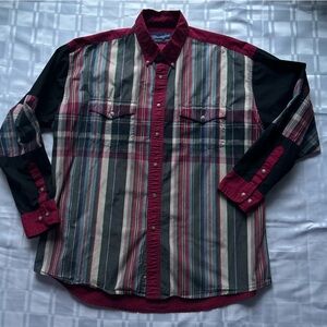 Wrangler Burgundy and Black Striped Patch Style Button Down Tall Fit Shirt